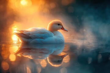 Mythic reflection of a bird gliding on water at sunrise ethereal nature landscape serene environment
