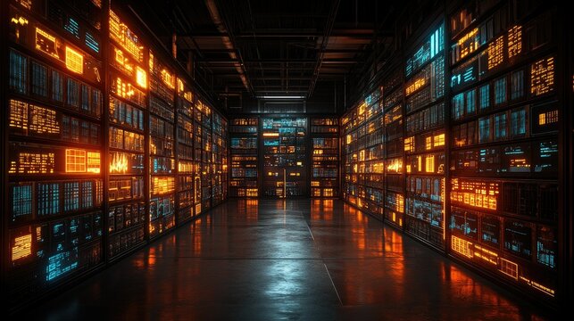 A futuristic data center filled with illuminated server racks showcasing vibrant digital displays.