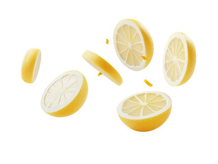 Juicy lemon slices levitate against a bright white background, creating a vibrant and refreshing image ideal for food, drink, or health-related projects.