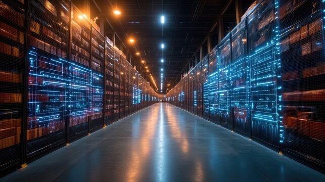 A futuristic data center with illuminated shelves and digital displays along the corridor.