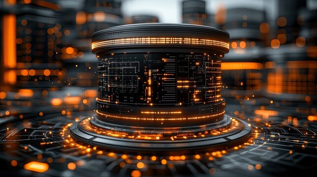 A futuristic data hub with glowing orange elements, symbolizing advanced technology and digital networks.