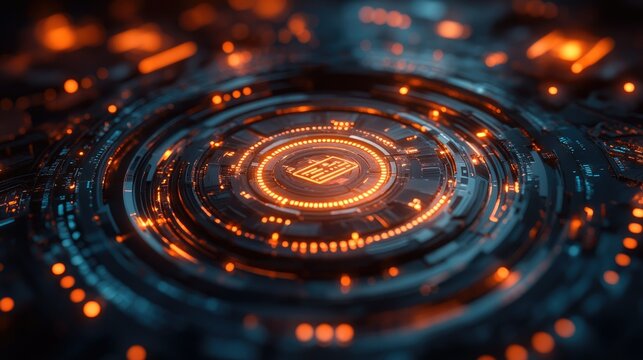 A futuristic digital circuit design with glowing orange elements, suggesting advanced technology.