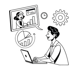 Set business flat line art vector illustration design cartoon character working action style concept. online video conference meeting. Business planning. data analytics
