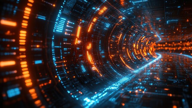 A futuristic digital tunnel with glowing blue and orange patterns, suggesting technology and data flow.