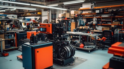 Fototapeta premium A car wheel alignment system in action in a workshop.