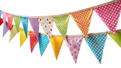Fototapeta premium Festive Bunting Flags, Colorful Party Decorations, Bright Holiday Banner, Celebration String Lights
