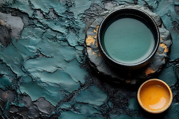 Teal tea, bowl, stone, dark background, recipe
