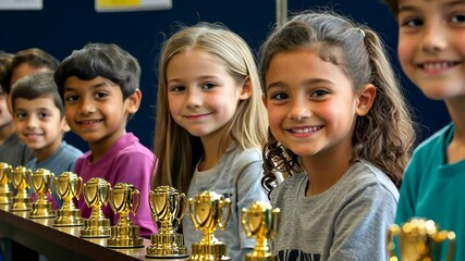 Young children celebrate their achievements at an awards ceremony with trophies on display