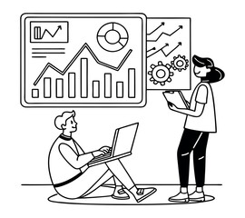 Set business flat line art vector illustration design cartoon character working action style concept. online video conference meeting. Business planning. data analytics