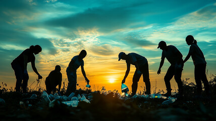 Volunteers collect plastic waste at sunset, promoting environmental awareness and teamwork. Their silhouettes highlight importance of community efforts in preserving nature