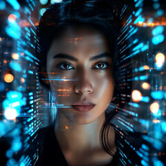 Serious Latina blonde woman in data network for cyber security high speed data internet 