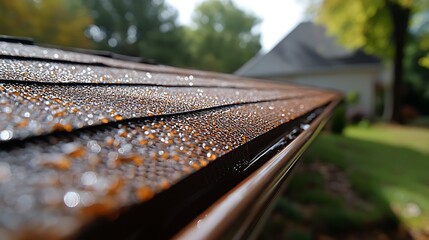Dew drops on roof, suburban home background, morning light, real estate imagery