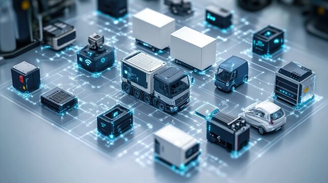A futuristic layout featuring various miniature vehicles and containers interconnected by digital lines.
