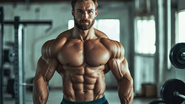 A man with a muscular body is standing in a gym