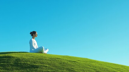 Zen outdoor portrait in wide panoramic format, peaceful figure in white activewear seated on verdant hillside, clean geometric composition against pure blue sky, mindful wellness photography style,