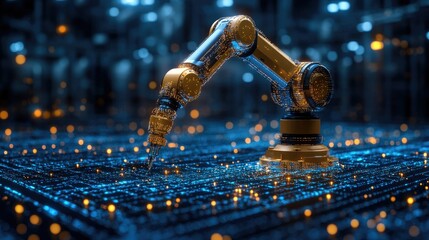 A futuristic robotic arm interacting with a digital environment, symbolizing advanced technology and automation.