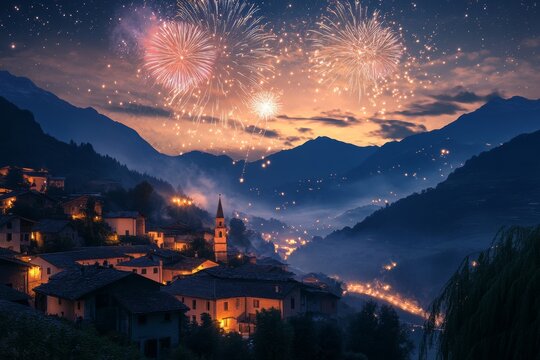 Fireworks over a small village surrounded by mountains. Background: starry night sky, moonlight and rustic houses with burning windows.