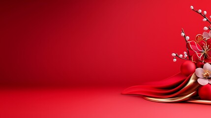 Red Festive Background with Gold Accents and Delicate Flowers