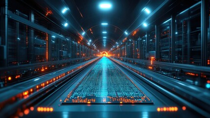 A futuristic tunnel filled with glowing data streams and vibrant lights, suggesting advanced technology.