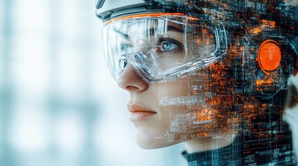 A futuristic woman wearing a high-tech visor, surrounded by digital data and graphics.