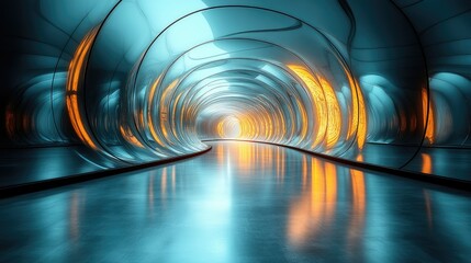 A futuristic, illuminated tunnel with smooth curves and reflective surfaces creating a surreal atmosphere.