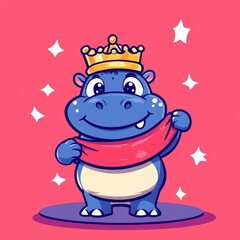 Fototapeta premium A cute cartoon hippo wearing a crown and holding a red scarf against a pink background, surrounded by sparkling stars.