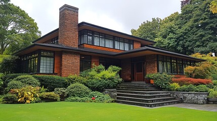 Modern Brick House Surrounded by Lush Garden and Elegant Stone Steps