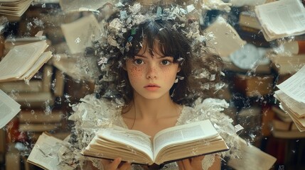 A girl surrounded by floating books, conveying a sense of wonder and imagination.