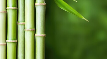 Obraz premium Lush green bamboo stalks and leaves, tranquil nature background; ideal for wellness or spa themes