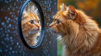 A ginger cat gazes at its reflection in a raindrop-speckled mirror.
