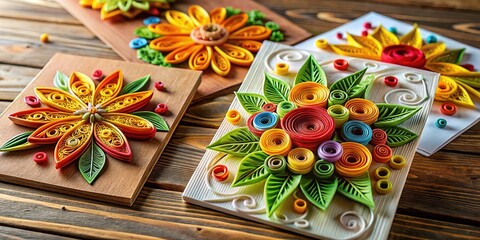 Intricate Quilled Cards on Wooden Table - Handmade Greeting Cards