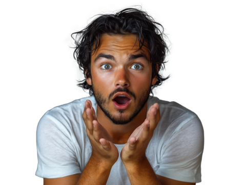 A highly realistic portrait of a one italian man, aged 20 with black hair, white shirt, showcasing a of facial expressions such as surprised
