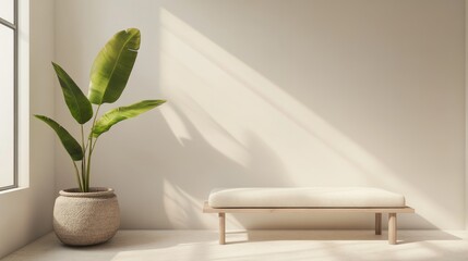 contemporary wellness room, cream cushioned bench, light wood furniture, large green leaf plant in textured pot, diagonal window light, pure white walls, peaceful minimalist aesthetic