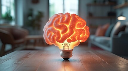A glowing brain-shaped light bulb on a wooden table, symbolizing creativity and ideas.