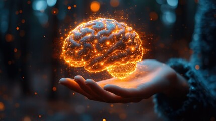A glowing brain held in a hand, symbolizing knowledge and creativity in a mystical forest setting.