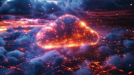 A glowing cloud formation amidst a colorful sky, symbolizing digital connectivity and technology.