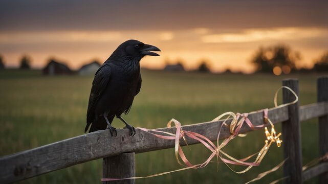 A raven perched on a wooden fence with decorative ribbons against a sunset backdrop. - Powered by Adobe