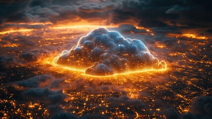 A glowing cloud over a cityscape, creating a surreal, atmospheric scene.