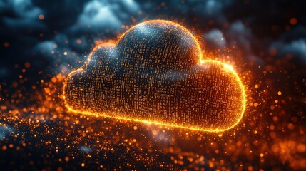 A glowing cloud symbol made of binary data, representing digital storage and technology.