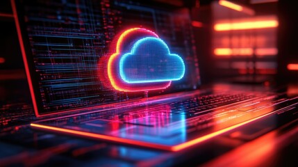 A glowing cloud symbol over a laptop, representing cloud computing and digital technology.