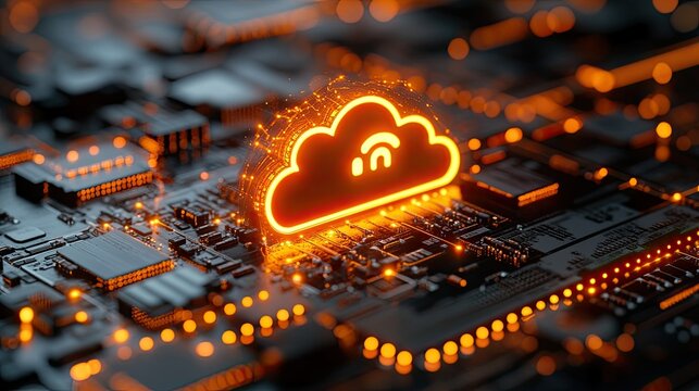 A glowing cloud symbol over a circuit board, representing cloud computing and technology.