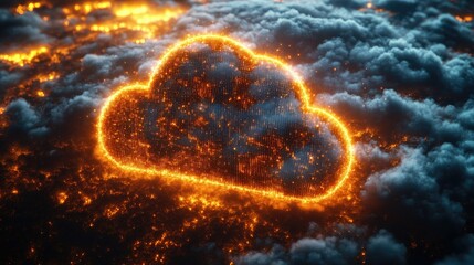 A glowing cloud-shaped symbol amidst fiery, textured clouds, representing digital storage or data.