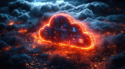 A glowing digital cloud amidst dark, smoky textures, symbolizing technology and data storage.