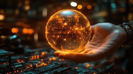 A glowing digital globe held in a hand, symbolizing technology and interconnectedness.