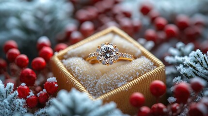 Diamond ring in gift box, winter setting. Holiday proposal