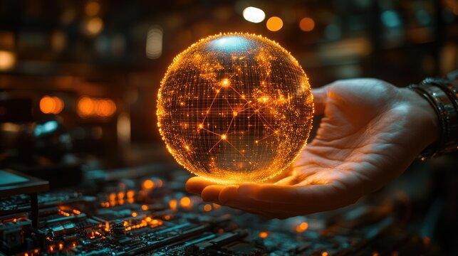 A glowing digital globe held in a hand, symbolizing technology and interconnectedness.