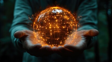 A glowing digital globe held in hands, symbolizing technology and global connectivity.