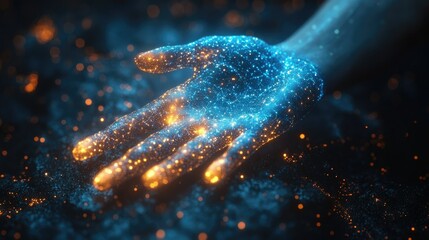 A glowing hand with sparkling particles, symbolizing creativity and connection.
