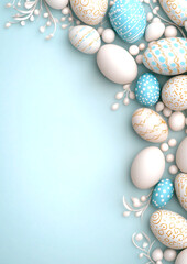 A blue and white background with a row of eggs on it. The eggs are of different sizes and are placed in a way that they create a sense of depth and dimension