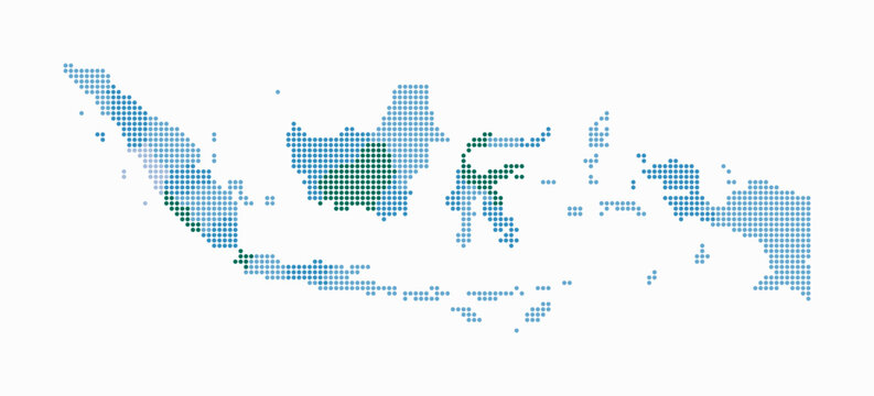 Indonesia dotted map. Digital style map of the country on white background. Indonesia shape with circle dots. Colored dots style. Small size circles. Abstract vector illustration.